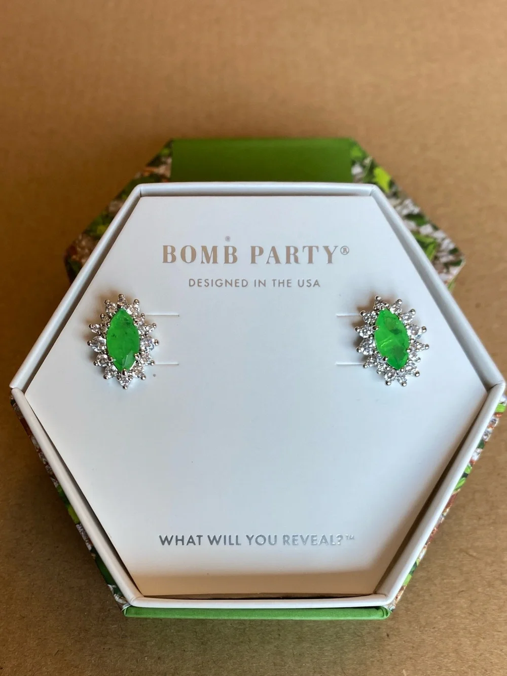 NWT Bomb Party August 2023 - Green Crystal Marquise Halo Stud Earrings RBP6354